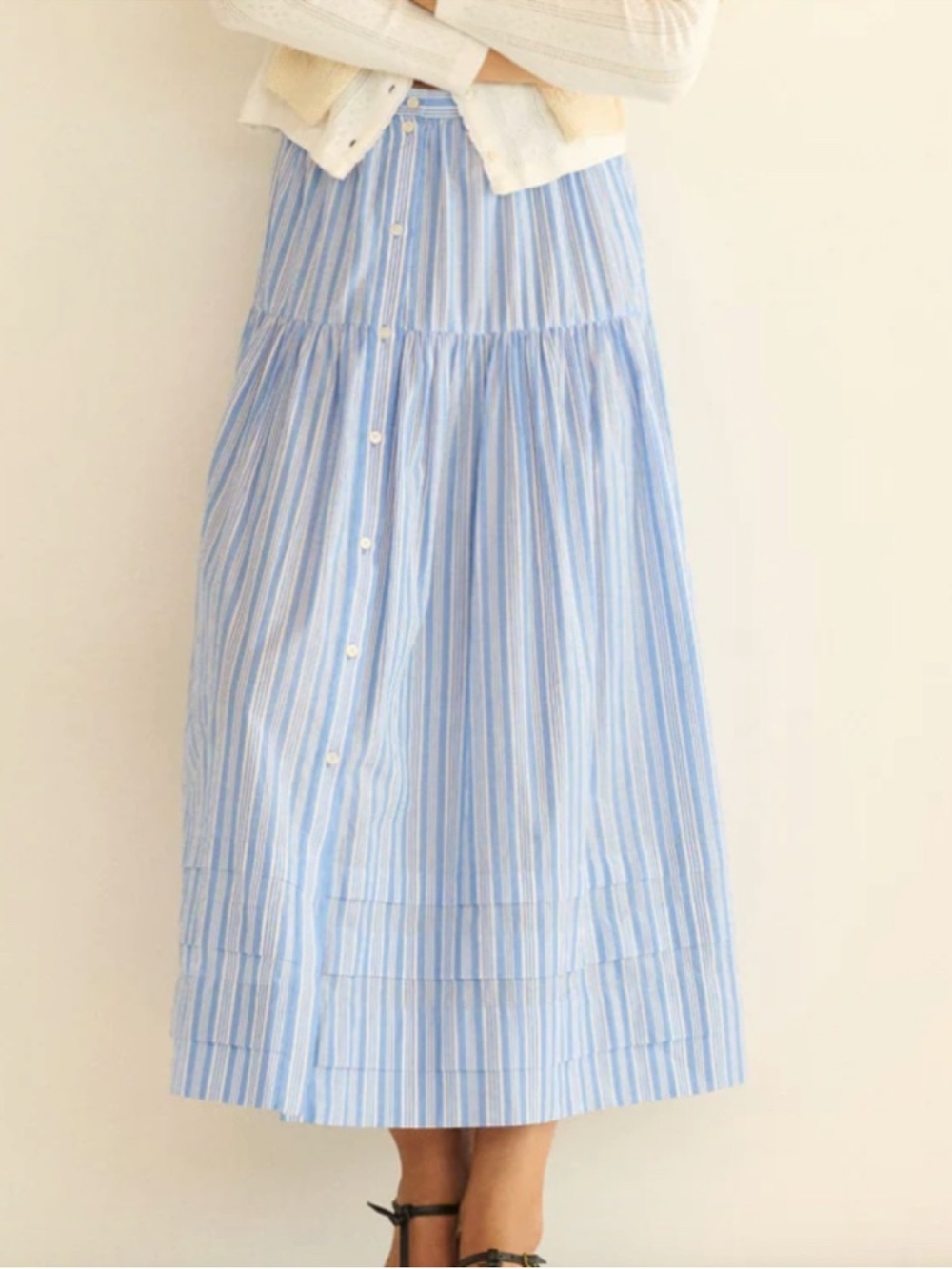 Doen Blue and White Striped Button-Front Tiered Maxi Skirt - Picture 3 of 5